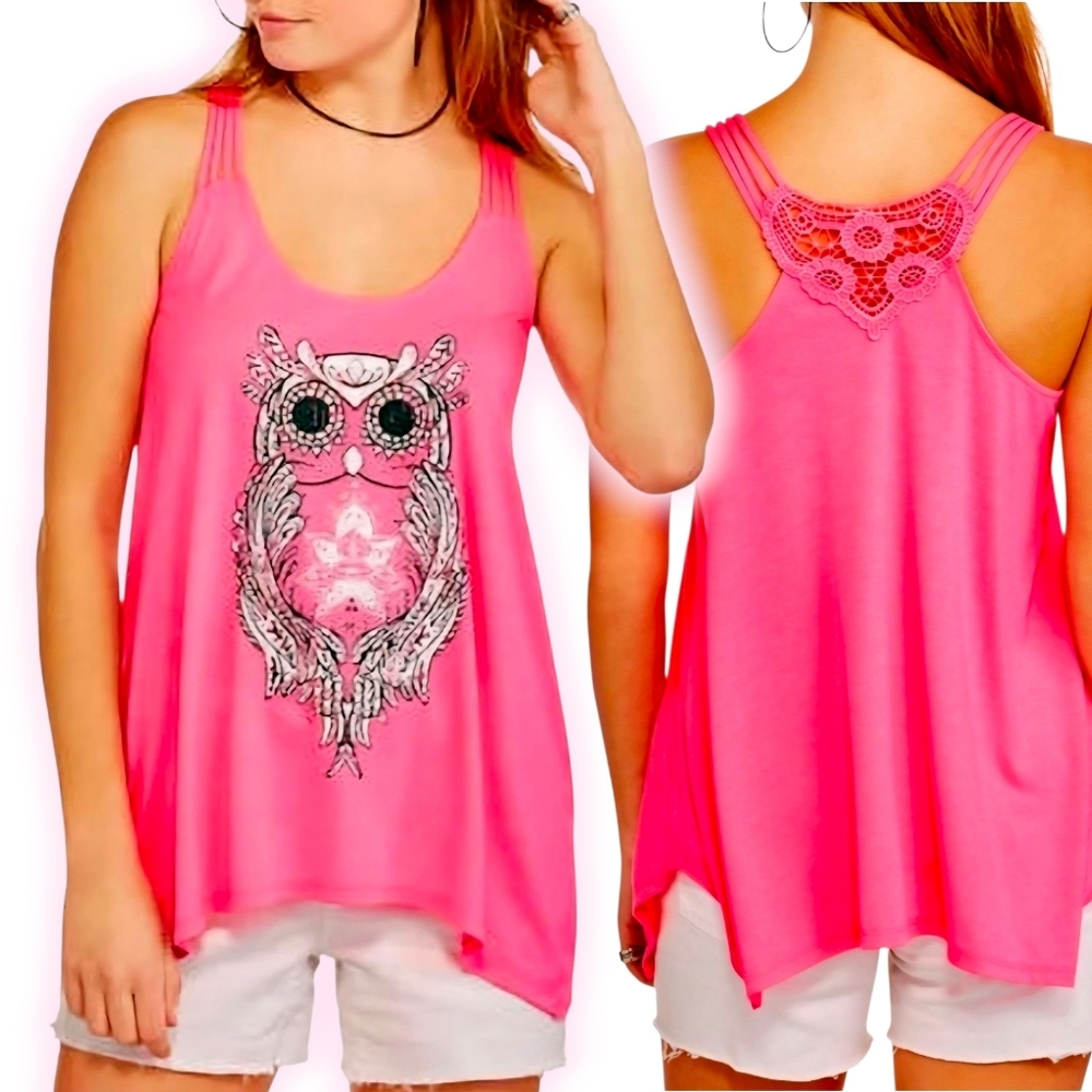 🔵 No Boundaries Pink Open Lace Crochet Strappy Racerback Stylized Owl Tank Med